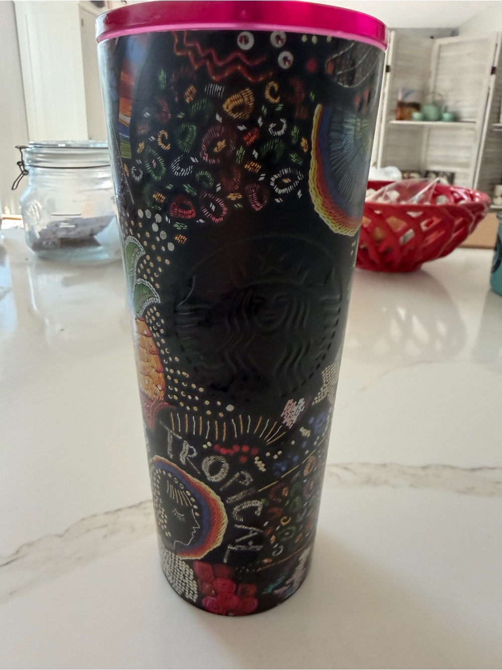 2025 Starbucks Black Tumbler with Pink Rim and Multicolor Tropical Art Farm Rio